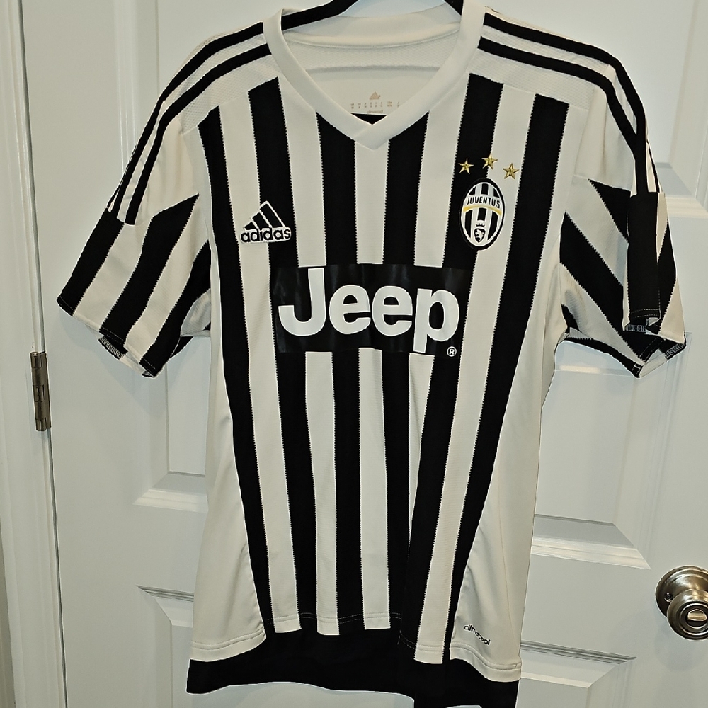 Adidas/Juventus Black and White Striped Soccer Jersey (M)